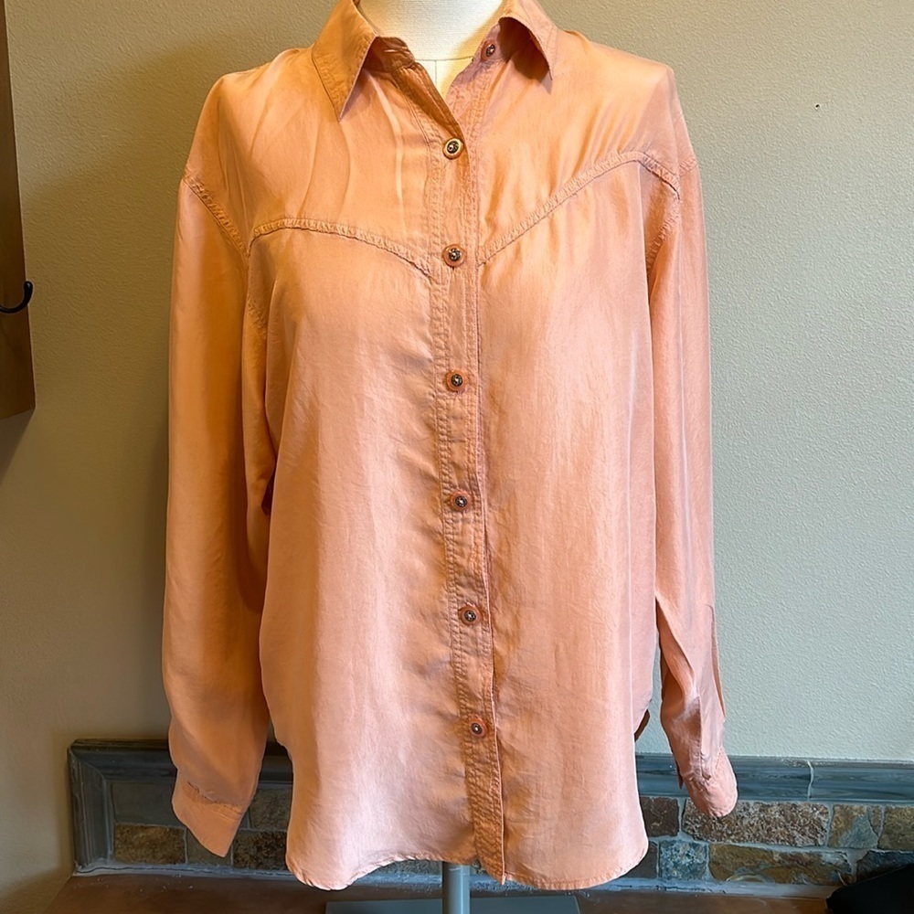Fiji Soft Peach Silk Long Sleeve Fringed Back Long Sleeve Blouse Women’s M - Picture 3 of 8